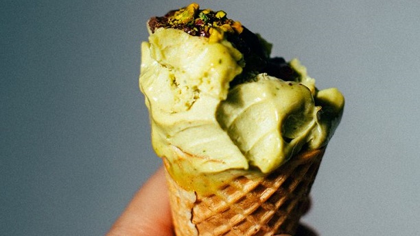 Banana spring rolls with pistachio basil ice-cream