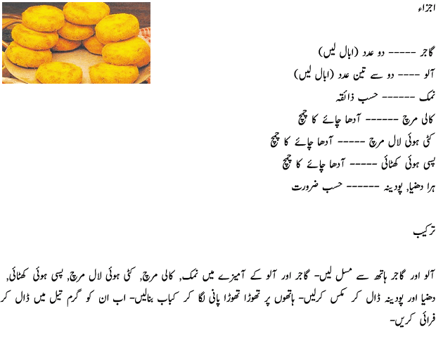 Aloo Gajar k Kabab Recipe in Urdu 
