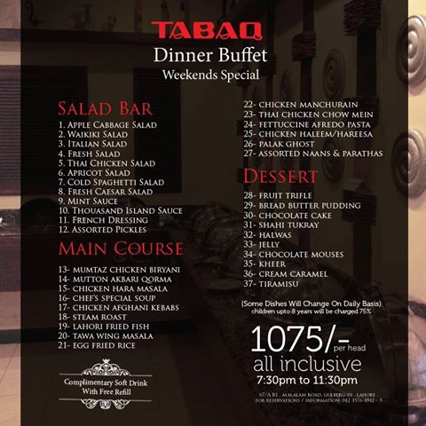 Tabaqa Dinner Buffet in just Rs 1075 Only !